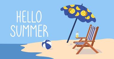 Colorful Summer background layout banners design. Horizontal poster Parasol, beach lounger and inflatable ball. Hello Summer background, card, header for website, sale. flat illustration. vector