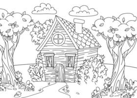 Children's coloring book outline page. Fabulous wooden house with vegetation and trees. Black and white page for kids. Printable illustration for drawing and meditation. illustration. vector