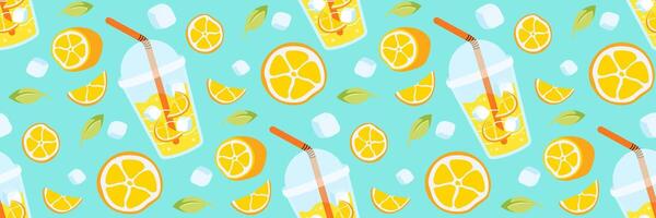 Fresh lemons lemonade seamless pattern. Bright summer background for restaurants, cafe menus. Take away summer drink. Berries, leaves, ice cubes. Food and drinks. flat illustration. vector