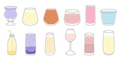 illustration of glass drinkware in various shapes with dark outline and flat color liquids. Ideal for summer lemonade or cocktail designs, perfect for packaging, menus, and decor vector