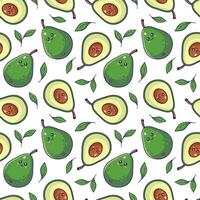 Cute Kawaii Avocado character whole and cut seamless pattern. Hand drawn illustration. Avocado character in Cartoon manga style. Isolated on white background. vector