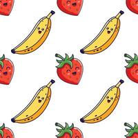 Cute Banana and strawberry seamless pattern in manga cartoon style kawaii Banana and strawberry illustration. Hand drawn texture. Pattern for kids clothes. vector