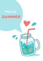 Glass jar with drinking straw, text Hello Summer in speech bubble postcard. Summer card. Cartoon illustration vector