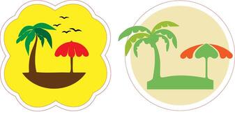 Two tropical themed stickers with palm trees and umbrellas vector