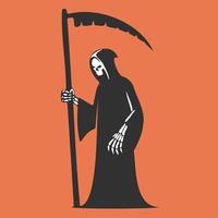 A skeleton is holding a long stick and standing on an orange background vector