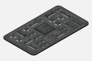 Isometric electronic board. Isometric printed circuit board with electronic components. Electronic components and integrated circuit board vector