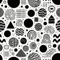 Organic Asymmetry Seamless pattern featuring black and white organic shapes on a white background. Include hand-drawn, uneven circles, squares, triangles, and wavy lines for a natural vector