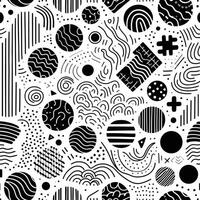 Organic Asymmetry Seamless pattern featuring black and white organic shapes on a white background. Include hand-drawn, uneven circles, squares, triangles, and wavy lines for a natural vector