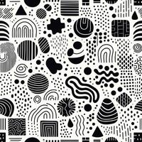 Organic Asymmetry Seamless pattern featuring black and white organic shapes on a white background. Include hand-drawn, uneven circles, squares, triangles, and wavy lines for a natural vector