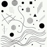 Minimalist Melody A simple and elegant black and white seamless pattern with hand-drawn lines and shapes. Circles, squares, triangles, and thin wavy strokes dance across a white background vector