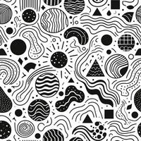 Organic Asymmetry Seamless pattern featuring black and white organic shapes on a white background. Include hand-drawn, uneven circles, squares, triangles, and wavy lines for a natural vector