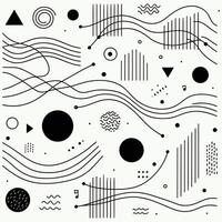 Minimalist Melody A simple and elegant black and white seamless pattern with hand-drawn lines and shapes. Circles, squares, triangles, and thin wavy strokes dance across a white background vector