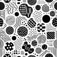 Organic Asymmetry Seamless pattern featuring black and white organic shapes on a white background. Include hand-drawn, uneven circles, squares, triangles, and wavy lines for a natural vector