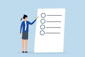 Self assessment, woman gives list of checkbox achievements on notebook paper. vector