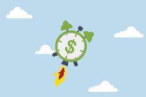 Time to start new business, ringing alarm clock launching into the sky with rocket booster. vector