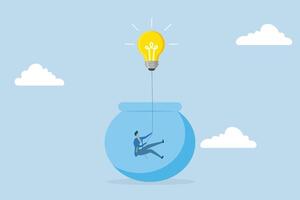 Innovation to solve business problem, businessman climbs string from light bulb with an idea to escape from prison fish bowl. vector