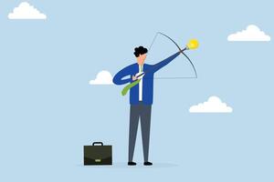 Launch new business idea, businessman archery aiming light bulb idea arrow to high target. vector