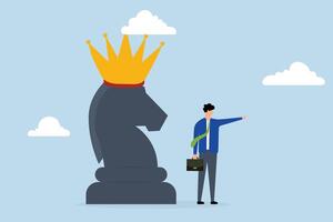 Strategy to win business competition, businessman pointing finger to direct with chess knight with royal crown. vector