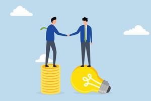 Idea pitching, businessman standing with light bulb idea, shaking hands with VC on stack of coins. vector