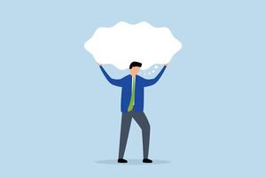 Over thinking, depressed businessman carries heavy burden of thought bubbles. vector