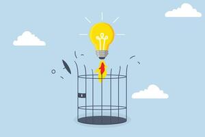 Unleash creativity, light bulb creative idea to break birdcage with launch vehicle accelerator. vector