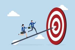 Business achievement, businessman and businesswoman rush from a bow and arrow hitting polar target. vector
