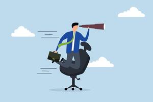 Career future, businessman with telescope rides on a desk to see the future and the way forward. vector