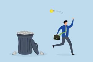 Wasted unworkable ideas, frustrated businessman throws the light bulb idea in the trash. vector