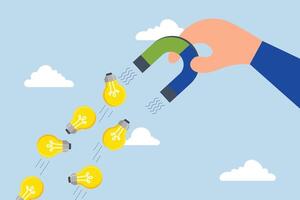Imagination to create new ideas, businessman with magnet to magnetize light bulb ideas. vector