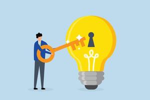 Unlock new business idea, businessman with golden key will insert key into bulb idea lamp. vector