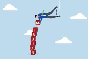 Business mission, businessman hanging from above manages to complete task blocks. vector