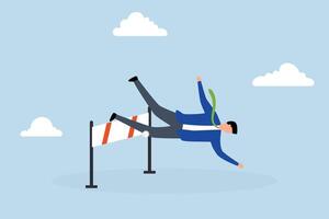 Business failure, frustrated businessman does not jump over hurdle and fall to the ground. vector