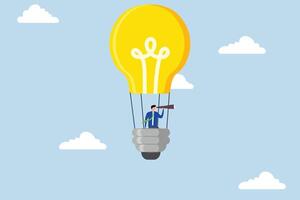 Search for new business opportunity, businessman rides light bulb balloon with telescope and looks for a vision. vector