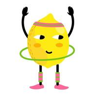 Cute lemon cartoon character doing exercises with hula hoop. Eating healthy. Healthy, sportive lifestyle concept vector