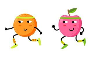 Cute funny fruits jogging. Funny health and fitness illustration with Cartoon apple and orange characters. Kawaii style. Fruits workout characters concept vector