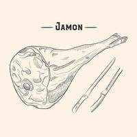 Parma ham drawing. Hand drawn hamon meat illustration. Italian prosciutto or jamon vintage sketch. Engraved food object. Butcher shop product. Great for label, restaurant menu. vector