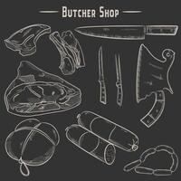 Meat outline icon set illustration. Hand drawn sausages, sausages, meat and knives in white lines on black background. Vintage Stirch Drawing vector