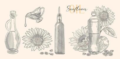Bottle of sunflower oil with flower and heap of seed. Hand drawn illustration. Glass pitcher vintage engraving isolated on white background. Great for menu, banner, label, logo, flyer vector