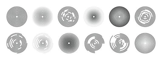 12 concentric circles isolated on a white background. Radial center minimal spirals on white. Radio and sonar wave. Illusion. Pulsation. . vector