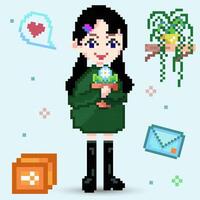 Fashion woman pixel art style character with plant flower. design for postcard, boutique, website or print. portrait and profile picture. Design of 80s. Game assets. 8-bit illustration. vector