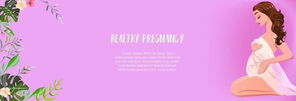 Pregnance healthy . banner with a pregnant woman, lorem text. Beautiful young woman hugging her belly on plant background with floral decor. Luxury Design for postcard, website or infographics vector