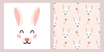 Cute cartoon rabbit head print and seamless pattern with flowers for textile, fabric, wrapping paper, nursery. vector