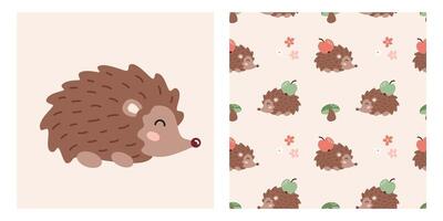 Cute cartoon hedgehog print and seamless pattern with flowers, apple, mushroom for textile, fabric, wrapping paper, nursery. vector