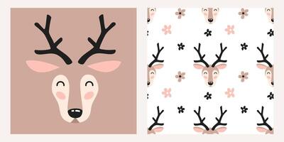 Cute cartoon deer head print and seamless pattern with flowers for textile, fabric, wrapping paper, nursery. vector