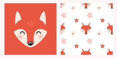 Cute cartoon fox head print and seamless pattern with flowers for textile, fabric, wrapping paper, nursery. vector