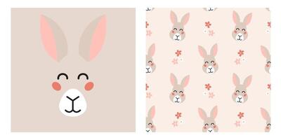 Cute cartoon hare head print and seamless pattern with flowers for textile, fabric, wrapping paper, nursery. vector