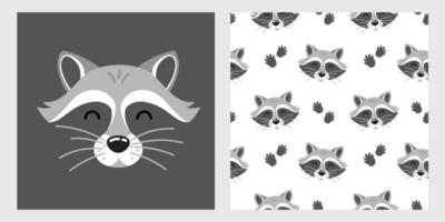 Cute cartoon raccoon head print and seamless pattern for textile, fabric, wrapping paper, nursery. vector