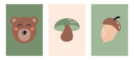 Posters set for nursery, kids room. Forest animals, cute cartoon bear head. Green mushroom, acorn. vector