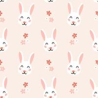 Seamless pattern with cute funny white rabbit head and flowers on beige background. Kids design for print, textile, wrapping paper, wallpaper, nursery. vector