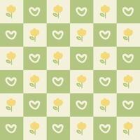 minimalista amarillo flores y corazones en un verde a cuadros antecedentes vector